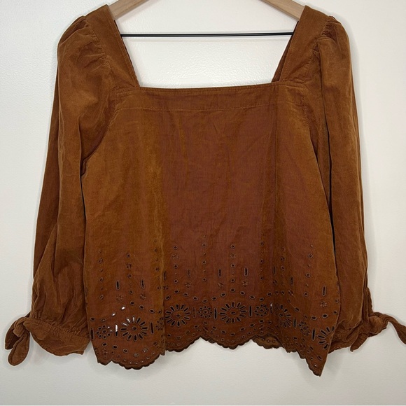 Madewell Embroidered Eyelet Corduroy Tie-Sleeve Top Size Medium Western Boho - Picture 4 of 11